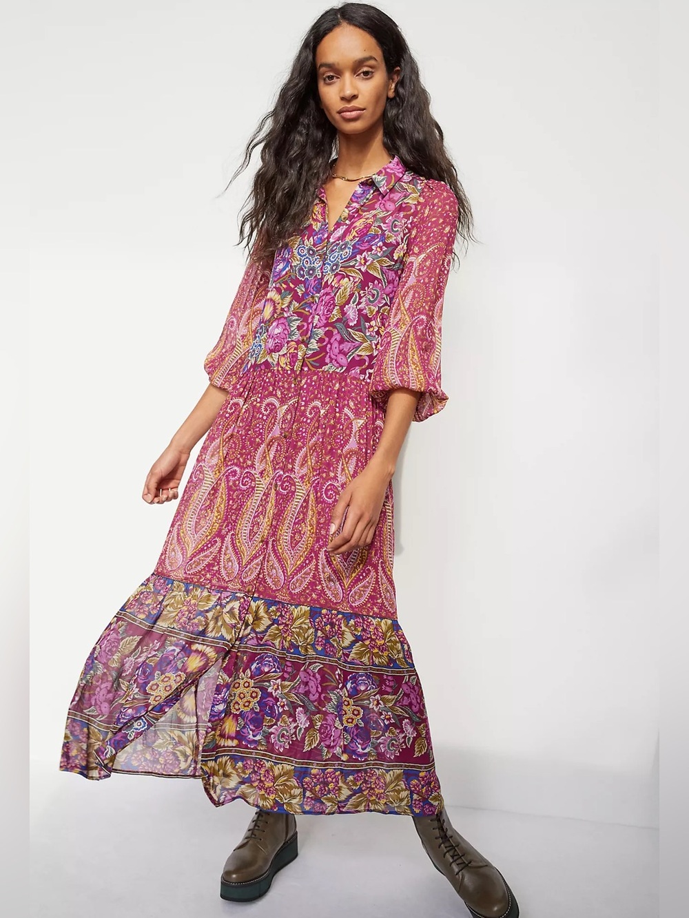 NWT Anthropologie Nikole Maxi Shirtdress Abstract Floral Paisley Pink Purple L - Picture 1 of 6